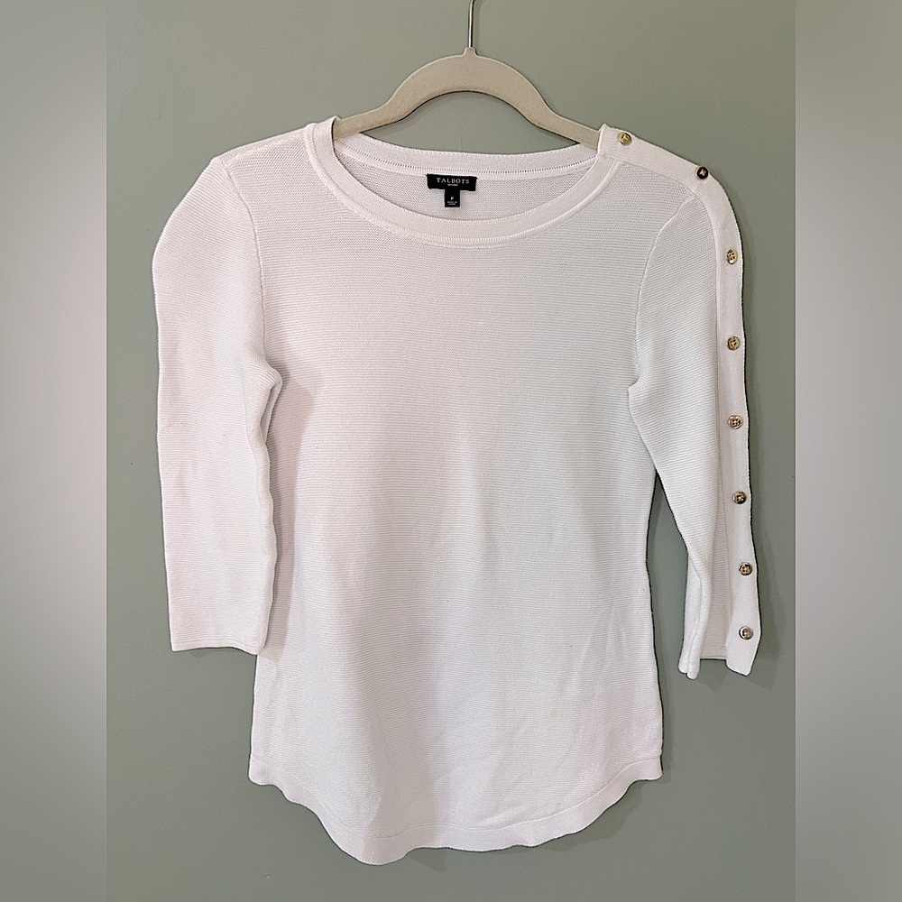 Talbots crew neck white top gold embellishment on sleeve SP